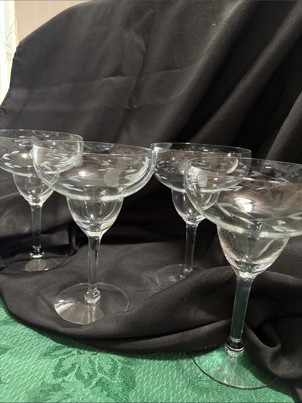 Princess House Heritage crystal margarita glasses featuring an etched floral